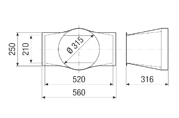 RA M4012 RC IM0023696.PNG Adaptateur de transition rectangulaire/rond pour le raccordement d'une gaine ronde. Pour les modules supplémentaires (NHKR/SD/VM/PAS), le raccord rond est placé dans le sens de l'air derrière le dernier composant. Commande avec CTA FLAT 1200 nécessaire.