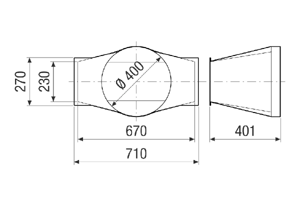 RA M4020 RC IM0023697.PNG Adaptateur de transition rectangulaire/rond pour le raccordement d'une gaine ronde. Pour les modules supplémentaires (NHKR/SD/VM/PAS), le raccord rond est placé dans le sens de l'air derrière le dernier composant. Commande avec CTA FLAT 2000 nécessaire.