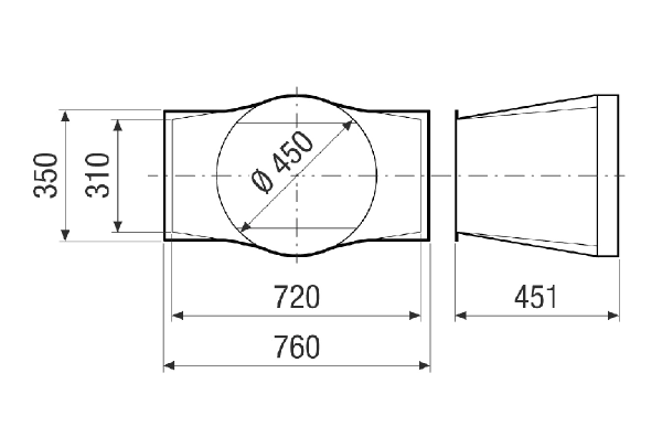 RA M4027 RC IM0023698.PNG Transition adapter from square to round for connecting round ducts. For additional modules (NHKR/SD/VM/PAS), the round connection is placed behind the last component in airflow direction. Necessary to order with RLT FLAT 2700.