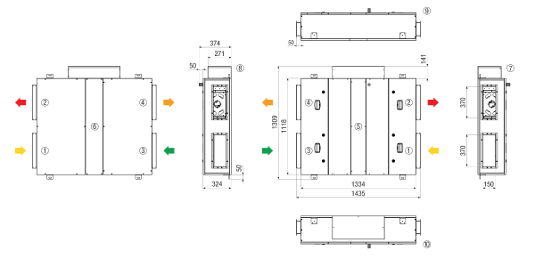 RLT FLAT 700 M4007H R Mode 3 IM0023721.PNG Appareil compact de traitement d'air centralisé à récupération de chaleur en construction plate, fonctionnement à pression constante jusqu'à 800 m³/h, version droite, échangeur de chaleur à contre-courant croisé