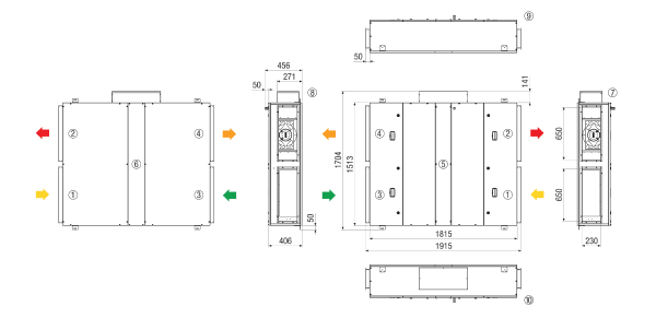 RLT FLAT 2000 M4020H R Mode 3 IM0023723.PNG Appareil compact de traitement d'air centralisé à récupération de chaleur en construction plate, fonctionnement à pression constante jusqu'à 2300 m³/h, version droite, échangeur de chaleur à contre-courant croisé