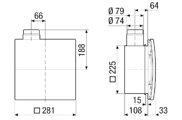 ER-UPD EC IM0023886.PNG Flush-mounted housing with fire protection shut-off device for mounting an ER EC / ER EC 2.1 fan. Connection to a second room possible on the right/left/bottom.