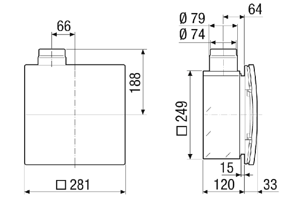 ER-UPB EC IM0023887.PNG Fire protection flush-mounted housing with fire protection shut-off device for all fire protection systems, designed for mounting an ER EC/ER EC 2.1 fan.