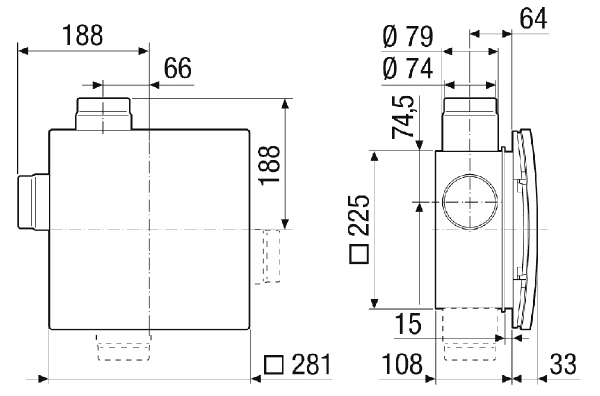 ER-UPD EC IM0023888.PNG Flush-mounted housing with fire protection shut-off device for mounting an ER EC / ER EC 2.1 fan. Connection to a second room possible on the right/left/bottom.