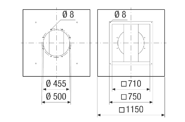 SDVI v 50-56 IM0024089.PNG Socket sound absorber with shortened baffle, for suction-side sound insulation of roof fans for combination with VKRI shutter, galvanised, DN 500–560