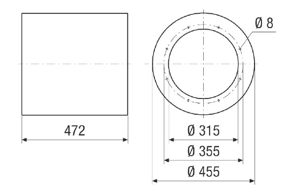 RSI 31/1500 IM0024110.PNG Silencieux tubulaire sans coulisse, longueur 472 mm, DN 315