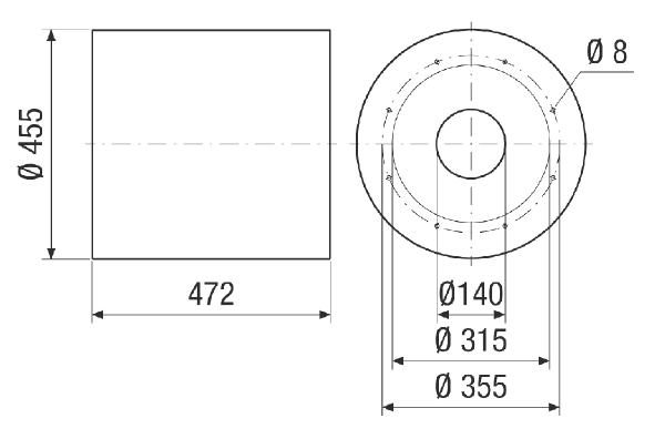 RSKI 31/1500 IM0024122.PNG Silencieux tubulaire à coulisse, longueur 472 mm, DN 315