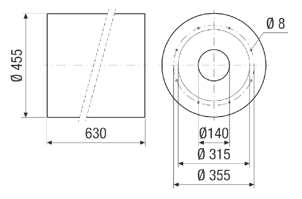 RSKI 31/2000 IM0024123.PNG Tubular sound absorber with baffle, length 630 mm, DN 315