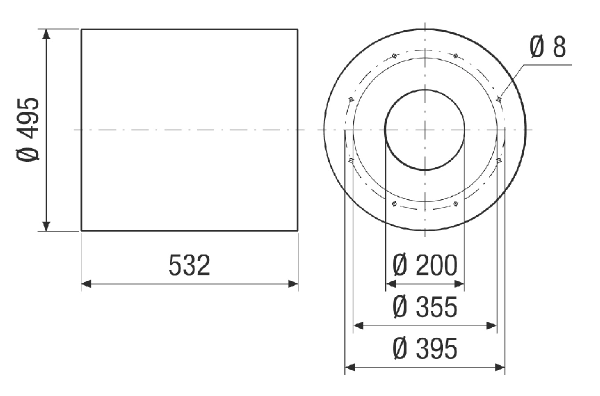 RSKI 35/1500 IM0024125.PNG Silencieux tubulaire à coulisse, longueur 532 mm, DN 355