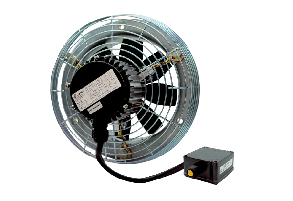 DZS 20/2 B Ex t IM0008702.PNG Axial wall-mounted fan with steel wall ring, DN200, three-phase AC, explosion-proof, medium: dust