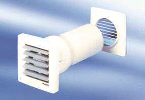 ECA 10-5 IM0009494.PNG Wall-mounted fan for bathroom and WC, with wall sleeve, fixed external grille and electrically operated internal shutter