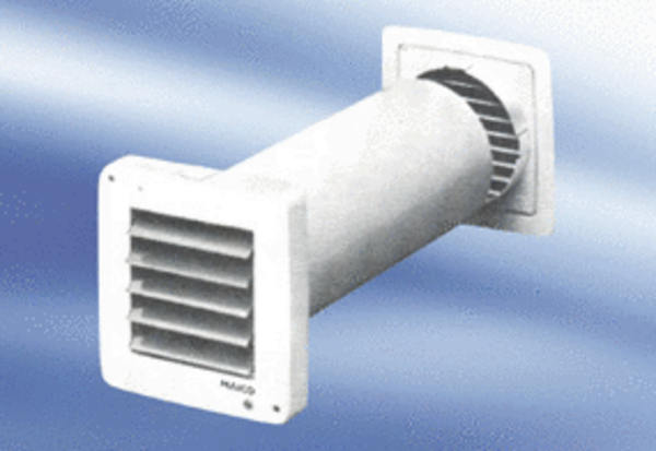 ECA 9-5 VZ IM0009501.PNG Fali ventilátor fürdőszobába és WC-be, fali hüvellyel, valamint elektromos működtetésű belső zsaluval és külső ráccsal, modell késleltető kapcsolóval