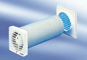 ECA 9-3 VZ IM0009503.PNG Ugradbeni zidni ventilator za kupaonicu i toalet, sa zidnim odvojkom te unutarnjom i vanjskom rešetkom, sa sklopkom vremenske odgode