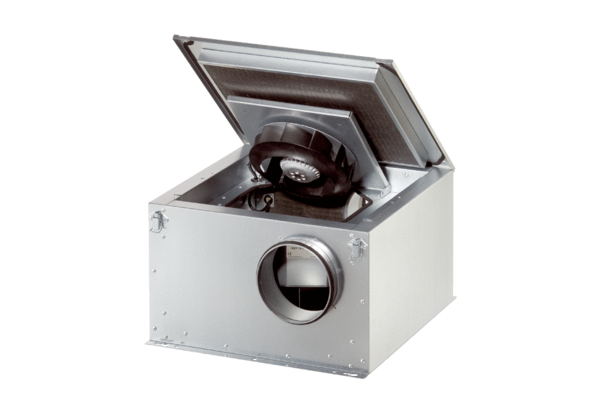 Schallgedämmte Lüftungsbox ESR-2 S, DSR-2 S IM0009647.PNG Schallgedämmte Lüftungsbox mit ausschwenkbarem Ventilator, DN 125 bis DN 400