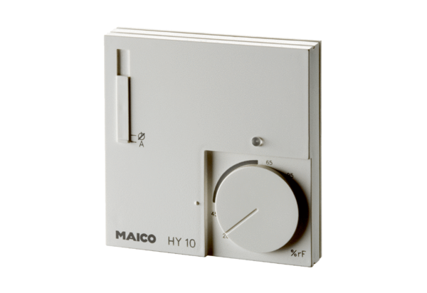 HY 10 UP IM0009649.PNG Higrostat do sterowania systemami wentylacyjnymi w zależności od wilgotności względnej powietrza, z dokładnym zakresem regulacji i trybem czuwania, montaż podtynkowy