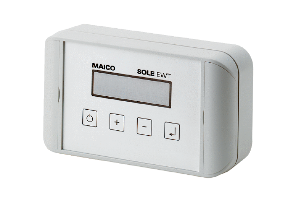 EW-S IM0009853.PNG Brine pump regulator for the brine geothermal heat exchanger, automatically regulates summer and winter operation, with 2 temperature sensors for outside air temperature before and after the brine-air heat exchanger, predefined factory settings and fault display.