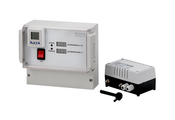 Centro-PTE IM0009971.PNG Nyomásszabályzók külső nyomódobozzal és kapcsolóórával a Centro központi elszívóegységhez ESR 16-2 - ESR 40-2 hangcsillapító dobozos ventilátorral együtt