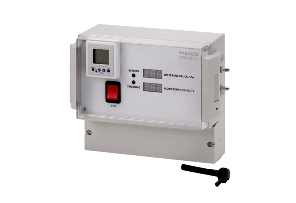 Centro-PT IM0009972.PNG Układy regulacji ciśnienia ze zintegrowaną puszką do pomiaru ciśnienia i zegarem sterującym do centralnego urządzenia wywiewnego Centro w połączeniu z izolowanym akustycznie wentylatorem skrzynkowym ESR 16-2 do ESR 40-2