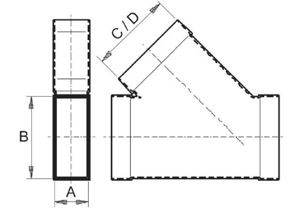 AZ45H55/220/55/220 IM0010377.PNG Coude de bifurcation 55/220 sur 55/220, 45°,