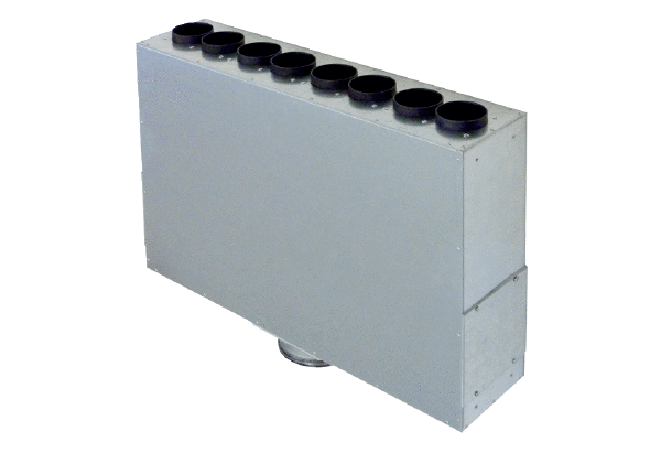 MF-BV63-125-8 IM0014000.PNG Légelosztó acéllemezből, 1-soros, 8 x rugalmas csőhöz MF-F63, bevezető cső DN 125, szélesség x magasság x mélység: 650 x 150 x 450 mm