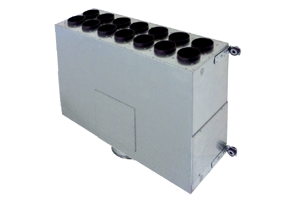 MF-BV63-160-14 IM0014002.PNG Diffuseur d'air en tôle d'acier, 2 rangées, pour 14 x gaine flexible MF-F63, conduit d'amenée DN 160, largeur x hauteur x profondeur : 650 x 200 x 500 mm