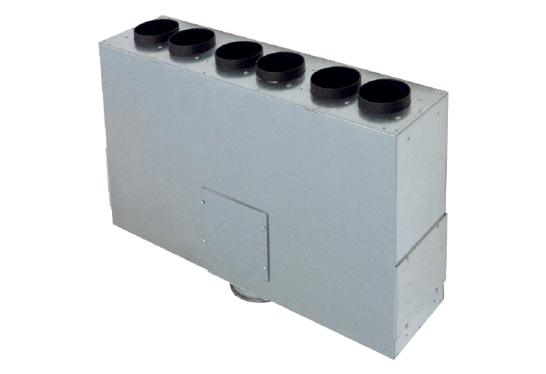 MF-BV75-125-6 IM0014004.PNG Air distributor made of sheet steel, single row, for 6 x MF-F75 flexible ducts, DN 125 feed duct, width x height x depth: 650 x 150 x 450 mm