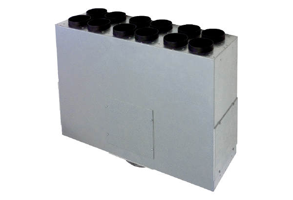 MF-BV75-160-12 IM0014006.PNG Diffuseur d'air en tôle d'acier, 2 rangées, pour 12 x gaine flexible MF-F75, conduit d'amenée DN 160, largeur x hauteur x profondeur : 650 x 200 x 500 mm