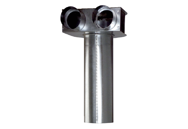 MF-WLF100/63/63 IM0014136.PNG Уголок для 90°-ного перехода от 2 гибких труб MF-F63 к клапану DN 100, высота 70 мм, длина патрубка 300 мм