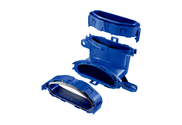 FFS-BV IM0014744.PNG Plastic channel elbow 90°, vertical model with connection option for flexible flat duct, width x height x depth: approx. 207 x 98 x 98 mm, scope of delivery: 1 channel elbow, 2 individual duct fixing adapters (FFS-RA)