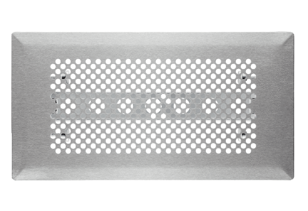 FFS-FGR IM0014762.PNG Hard-wearing designer floor grille, suitable for the FFS-BA floor outlet. The floor grille made of brushed stainless steel has a modern design with a circular pattern of holes. The mounting frame allows it to be lined up with the surrounding floor covering. It is held in place with clamping pins. Width x height x depth: approx. 340 x 180 x 28 mm, scope of delivery: 1 floor grille, 1 holder, 1 sealing strip