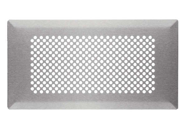 FFS-FGB IM0014766.PNG Hard-wearing standard floor grille, suitable for the FFS-BA floor outlet. The floor grille made of brushed stainless steel has a modern design with a circular pattern of holes. It is held in place with clamps that are positioned tight under the floor grille. Width x height x depth: approx. 340 x 180 x 3 mm, scope of delivery: 1 floor grille, 1 sealing strip
