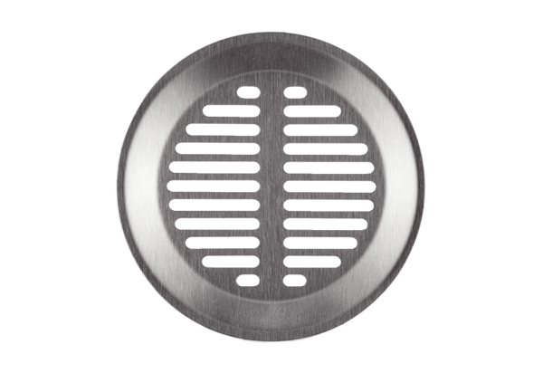 FFS-WG IM0014770.PNG Designer wall/ceiling grille, suitable for the FFS-WA wall/ceiling outlet. The  grille made of brushed stainless steel has a modern long-slot design.It is held in place with clamps, diameter: 150 mm, height: 40 mm, scope of delivery: 1 wall/ceiling grille, 1 regenerable filter