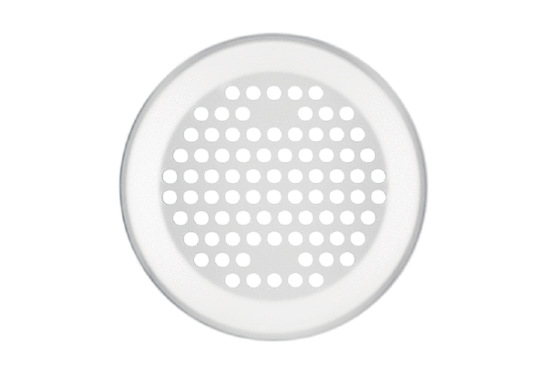 FFS-WGBW IM0014774.PNG Grille murale/de plafond design adaptée à la sortie par le mur/le plafond FFS-WA. La grille en acier inoxydable laqué blanc à configuration circulaire des orifices possède un design moderne, la fixation est assurée par des agrafes, diamètre : 150 mm, hauteur : 38 mm, volume de la fourniture : 1 grille murale/de plafond, 1 filtre récupérable