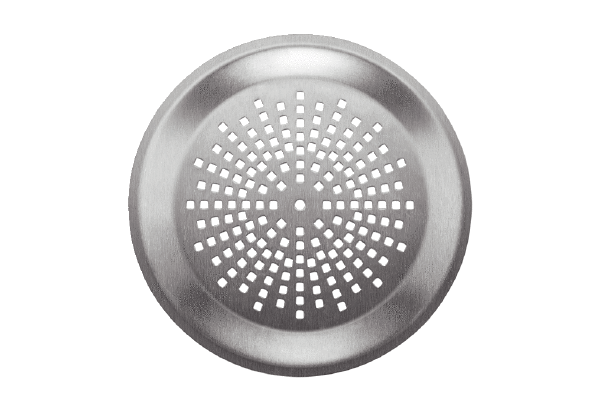 FFS-WGE IM0014860.PNG Designer wall/ceiling grille, suitable for the FFS-WA wall/ceiling outlet. The grille made of stainless steel has a modern design with an angular pattern of holes. It is held in place with clamps, diameter: 150 mm, height: 38 mm, scope of delivery: 1 wall/ceiling grille, 1 regenerable filter