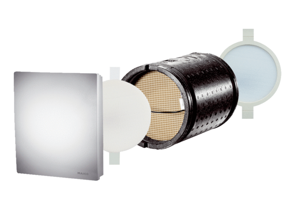 PP 60 K-SE IM0015369.PNG Kompletní ventilátorová jednotka pro lokální ventilační přístroj PushPull 60 K s rekuperací tepla, sestávající se z ventilátoru, keramického výměníku tepla, vnitřního krytu a 2 x filtru G3, nutné příslušenství: sada pro hrubou stavbu PP 60 KA-SR nebo PP 60 KL-SR a regulace ovzduší RLS PP-K, volitelné příslušenství:  Čidlo vlhkosti PPH-K