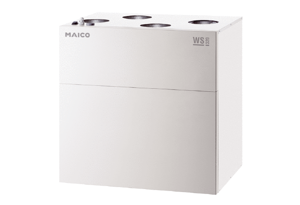 WS 320 KB IM0015750.PNG Высокоэффективные приборы централизованной вентиляции с вентиляторами EC, регулированием для поддержания постоянного объемного расхода, калорифером предварительного нагрева, байпасом и перекрестным противоточным теплообменником, линиями приточного и вытяжного воздуха слева, объемный расход 80—320 м³/ч, диаметр присоединения 4 x DN 160; для присоединения спирально-навивных труб требуется 4 вставных соединителя SVR 160, вкл. пульт управления RLS 1 WR, приложение MAICO для мобильного управления прибором, разрешение DIBT, сертификат «пассивного дома», возможно подключение к KNX, Modbus, Loxone и EnOcean