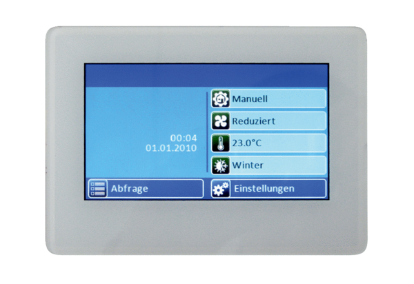 RLS T1 WS IM0016019.PNG Optional touch control unit for Trio, WS 160 Flat, WS 170, WR 310/WR 410, WS 320 and WS 470 centralised ventilation units. Setting time programs, operating modes, ventilation levels, temperatures etc. with integrated NTC room temperature sensor, mini USB port and 4-wire bus connection