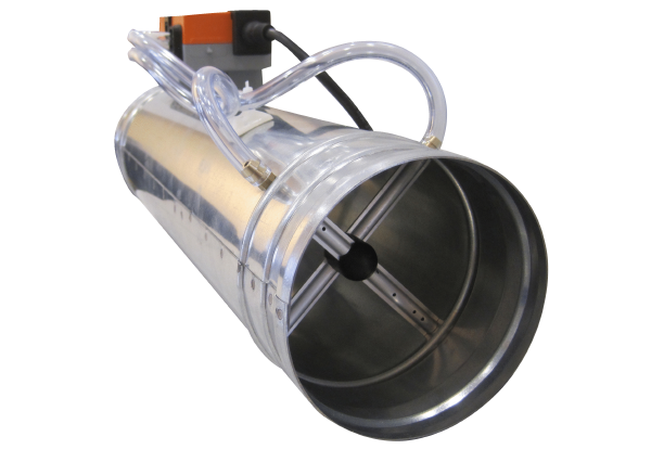 VSR 100 IM0016251.PNG Régulateur de débit d'air variable (VAV) ronde avec régulateur électronique et capteur de pression différentielle intégré, DN 100. Sans entretien. Réglage très simple de la valeur de consigne (Vmin/Vmax) par moyen d'un outil de service en option (AX-VSR-Tool ZTH) ou via un smartphone Android avec l'application Belimo Assistant via l'interface NFC.