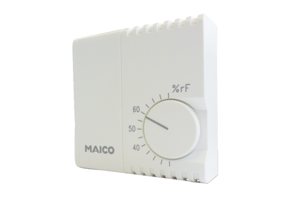 HY 230 IM0016715.PNG Higrostat do sterowania systemami wentylacyjnymi w zależności od względnej wilgotności powietrza, z zewnętrznym elementem obsługi.