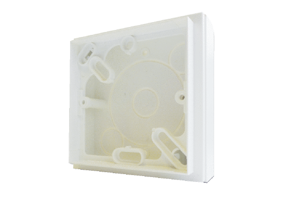 APM HY 230 IM0016717.PNG Le kit de montage apparent est prévu pour un montage apparent de HY 230 et HY 230 I, s'il n'existe aucune prise encastrée. Le cadre apparent est destiné à l'introduction des conduits par le haut, par le bas ou par l'arrière.