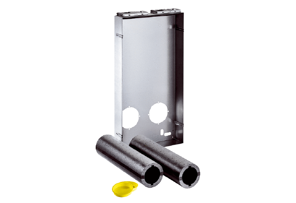 Duo Z-SR IM0016841.PNG Shell installation kit comprising an installation box (width x height x depth: 847 x 415 x 93 mm) with integrated drilling template for core drill holes, two heat-insulated wall sleeves with integrated condensate drain channels (diameter: 125 mm, length: 500 mm) for decentralised ventilation unit with Duo Z heat recovery