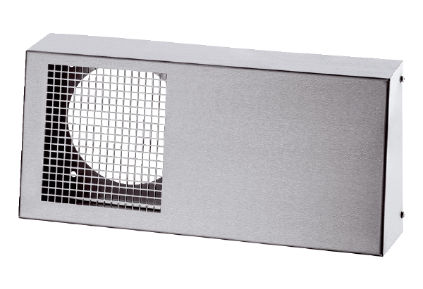 Duo KWS E IM0017845.PNG Stainless steel external cover with separate outside and outgoing air flow. Air outlet at front, air intake from below. Colour: Brushed stainless steel