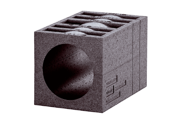 PP 45 MB IM0017993.PNG Izolovaný zední blok jako volitelné příslušenství pro hrdlo pro hrubou stavbu RH 160 nebo RH 160 L, nahrazuje vrtaný průchod stěnou, lze zkrátit na hloubku 300 mm nebo 240 mm