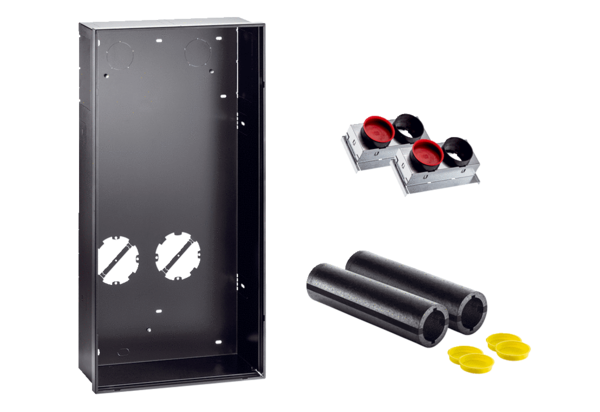 WS 75 RSUP IM0019230.PNG Flush-mounting shell kit comprising an installation box (width x height x depth: 534 x 1066 x 152 mm) with integrated drilling template for core drill holes, two heat-insulated wall sleeves with condensate drain channels (diameter: 125 mm, length: 500 mm) and two WS 75 A sheet metal adaptors for the ventilation unit with WS 75 Powerbox H heat recovery (0095.0646)