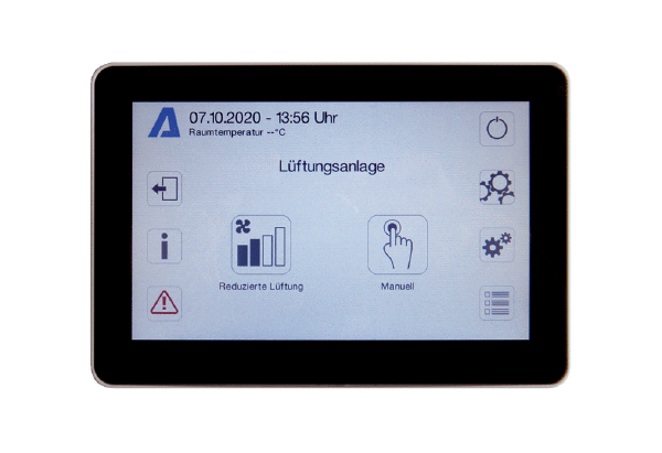RLS T1 SYS IM0019637.PNG Room air control as a touch control panel suitable for geniovent.x units. Multi-unit capability for up to 10 geniovent.x units