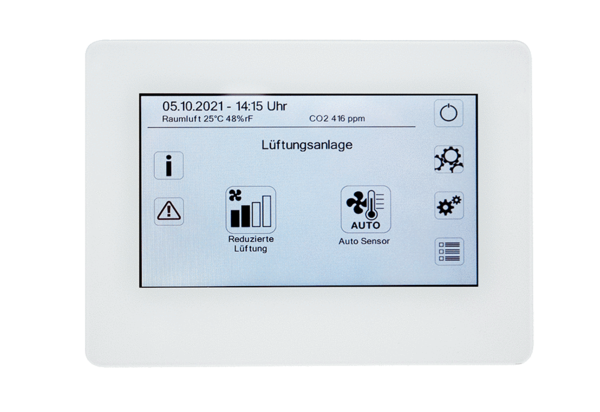 RLS T2 WS IM0020080.PNG Optional touchscreen control panel for WS 120 Trio, WS 160 Flat, WS 170, WS 300 Flat, WR 310 / WR 410, WS 320 and WS 470 centralised ventilation units. Setting time programs, operating modes, ventilation levels, temperatures etc. with integrated NTC room temperature sensor, mini USB port and 4-wire bus connection (RS 485). Update-capable via Micro-SD, 4.3” display, display resolution 800x480 pixel.
