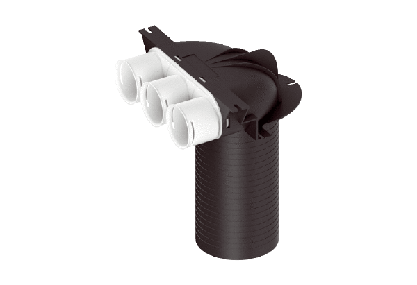 MA-U3-63 IM0020138.PNG Pièce de renvoi en plastique pour 3 x gaine flexible DN 63 avec 1 x transition DN 125 pour recevoir 1 clapet d'air entrant ou sortant, résistante à la pression pour le bétonnage dans le plancher filigrane