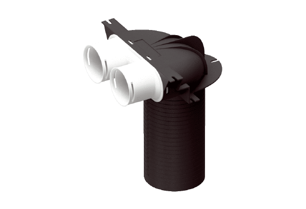 MA-U2-75 IM0020140.PNG Pièce de renvoi en plastique pour 2 x gaine flexible DN 75 avec 1 x transition DN 125 pour recevoir 1 clapet d'air entrant ou sortant, résistante à la pression pour le bétonnage dans le plancher filigrane