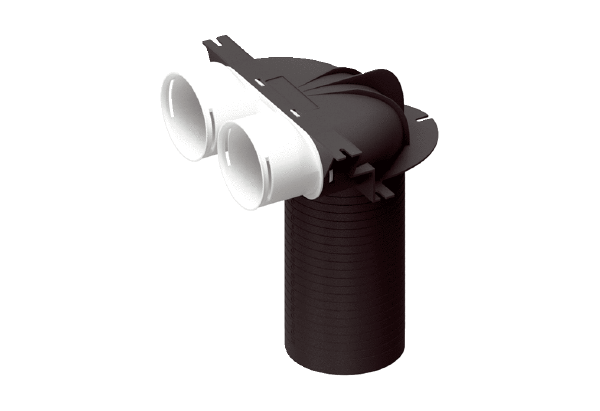 MA-U2-90 IM0020142.PNG Pièce de renvoi en plastique pour 2 x gaine flexible DN 90 avec 1 x transition DN 125 pour recevoir 1 clapet d'air entrant ou sortant, résistante à la pression pour le bétonnage dans le plancher filigrane