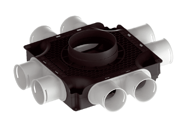 MA-FV8-75 IM0020151.PNG Flat and compact air distributor made of plastic with slide-in visual control for 8 x DN 75 flexible ducts, DN 160 supply line
